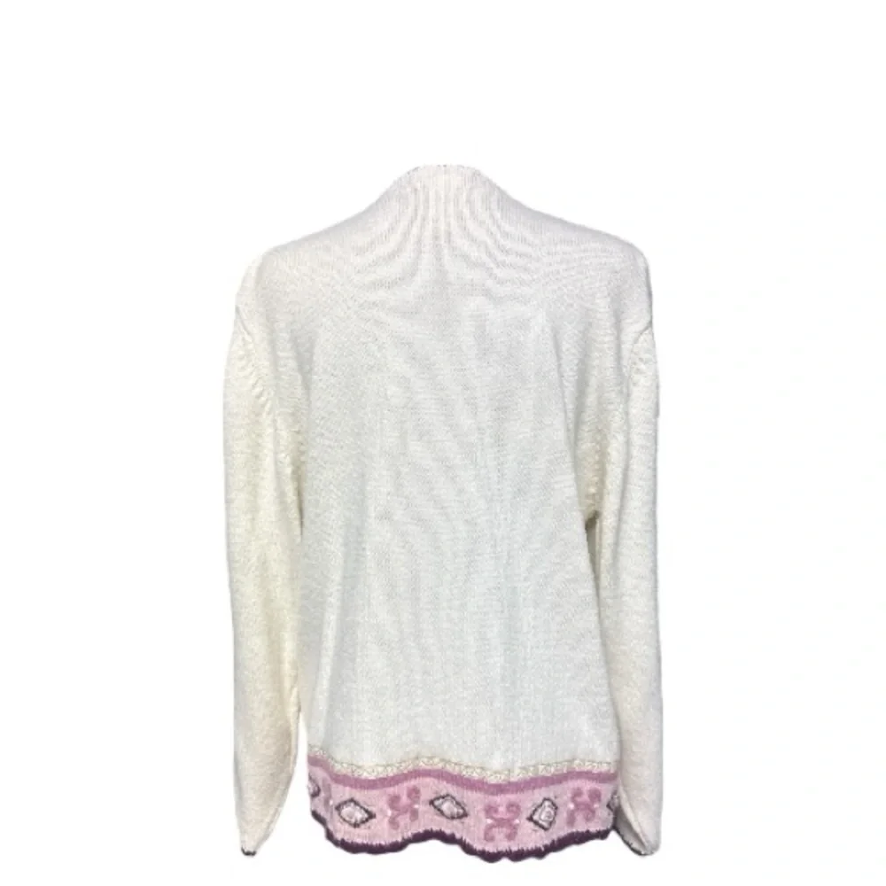 Vintage Koret Floral Embroidery Cream And Purple Cardigan Size Large
